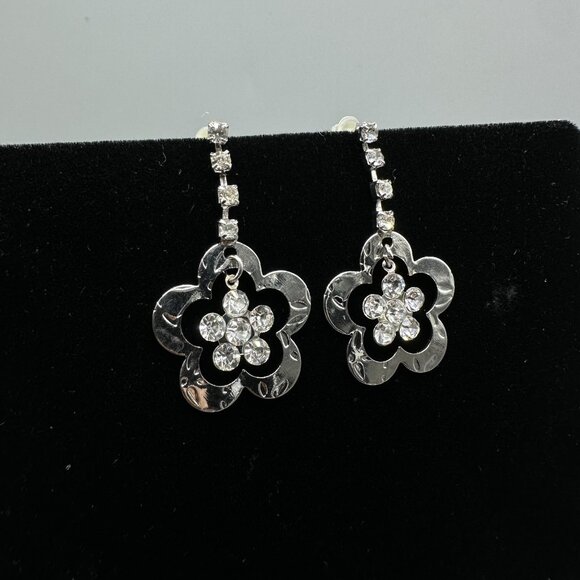 3/$30 Rhinestone Flower Earrings Silver Drop Pierced Dangle Sparkly Floral 1.5" - Picture 2 of 9